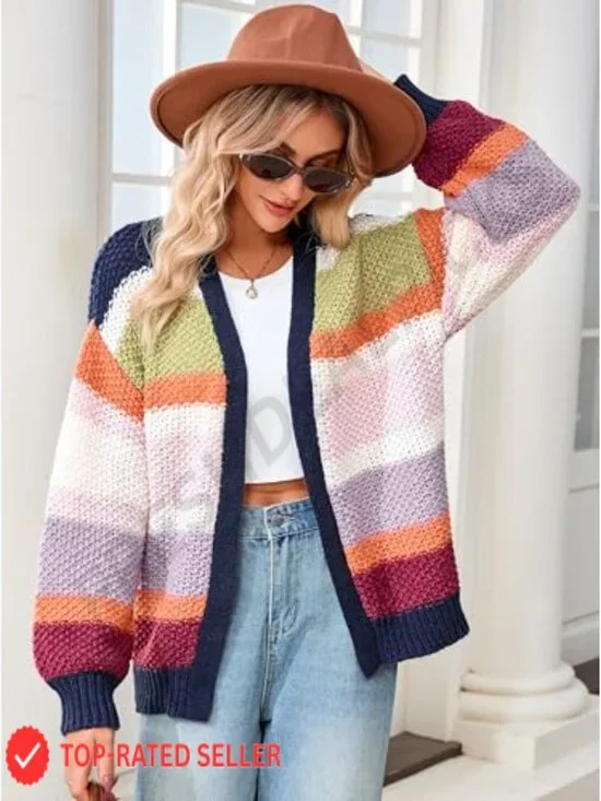 Oversized Chunky Knit Cardigan Sweater Open Front Long Sleeve Striped Y2K Chic - Picture 2 of 7